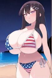 ai_generated beach bikini black_hair female female_only huge_breasts long_hair nozomi_(akitokage01) schoolgirl tsundere