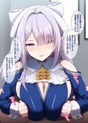 1boy 1girl ascot bare_shoulders blue_dress blush bow breasts breasts_squeezed_together censored cleavage clothing_cutout dress earrings grey_hair hair_bow hair_over_one_eye hetero highres jewelry kurikara large_breasts long_hair long_sleeves looking_at_viewer paizuri penis pointy_ears purple_eyes shoulder_cutout smile speech_bubble translation_request velina_airgid white_bow zenless_zone_zero