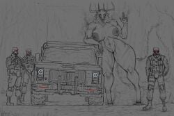 1girls 2d 2d_(artwork) 3boys 5_fingers abs anthro areolae aura bigger_female breasts calf_muscles calves car clothed_male cryptid female firearm fluffy_tail forest fur furry gun hand_gesture height_difference helmet hips horns hourglass_figure huge_areolae huge_breasts huge_butt huge_thighs human humanoid larger_female leaning leaning_on_object male masked masked_male massive_breasts massive_thighs military military_uniform monster monster_girl muscular muscular_anthro muscular_female naked_female neck_tuft nikolai_ nipples nude_female peace_sign pointy_ears pussy red_eyes red_goggles red_pupils size_difference sketch skull skull_head skulldog_(species) soldier tail thick_legs thick_thighs thighs thighs_bigger_than_head vehicle weapon wide_hips wolf wolf_girl wolf_humanoid