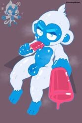2026 2:3 anthro axolaugh balls bloons_tower_defense bodily_fluids countershade_face countershade_torso countershading dessert eyebrows femboy flaccid food fur genital_fluids genitals haplorhine hi_res ice_cream ice_monkey_(bloons) looking_at_viewer looking_back looking_back_at_viewer male mammal monkey ninja_kiwi nipples nude penis popsicle precum primate simple_background solo standing sweat thick_eyebrows white_background white_body