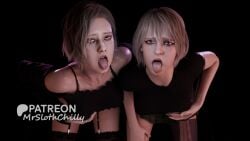 ashley_graham begging blonde_hair breasts exposed_breasts female grace_ashcroft kneeling large_breasts lingerie looking_at_viewer looking_back makeup open_mouth pale_skin partially_clothed resident_evil revealing_clothes skirt squatting submissive sweat tights tongue tongue_out