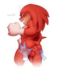 angry anthro anus ass balls blush butt_grab clothing disembodied_hand echidna flustered foreskin fur genitals gloves hand_on_butt handwear hi_res humanoid_genitalia humanoid_penis knuckles_the_echidna male male_only mammal monotreme muhomora muscular muscular_male partially_retracted_foreskin penis red_body red_fur sega simple_background solo sonic_(series) sonic_the_hedgehog_(film) sonic_the_hedgehog_(series) surprise