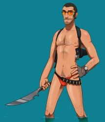 australian blue_eyes brown_hair ferretsoda half-dressed half_naked male male_focus male_only pinup posing posing_with_weapon sniper sniper_(team_fortress_2) tan_skin team_fortress_2 tf2