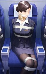 1girls amino_(tn7135) black_hair bondage bound_and_gagged brown_eyes cloth_gag female female_focus female_only flight_attendant gag gagged large_breasts pencil_skirt restrained stewardess tape_bondage white_shirt