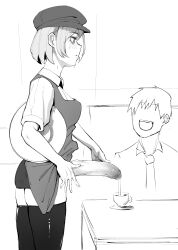 1boy 1futa absolute_territory apron apron_lift blazered00 blush cum cum_as_food cum_in_container cum_in_cup cum_on_food duplicate futa_focus futanari large_penis zettai_ryouiki