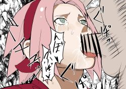 1boy 1girls blowjob clothed_sex fellatio female_focus forced forced_fellatio forced_oral forced_sex irrumatio long_hair male/female male_with_female narrowed_eyes naruto naruto_shippuden nier_(artist) oral oral_sex partial_male pink_hair sakura_haruno