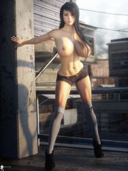 1girls 3d black_hair fit_female huge_breasts kneesocks lamuserie original original_character shoes short_shorts topless