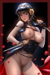 1girls areolae assassin ayyasap big_breasts black_hair breasts choker female female_only headband highres long_hair looking_at_viewer nipples pussy red_eyes solo solo_female solo_focus spy_x_family stiletto_(weapon) thorn_princess torn_clothes yor_briar