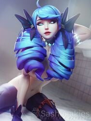 1girls 3d_(artwork) areolae blender blue_eyes blue_hair breasts gwen_(league_of_legends) league_of_legends makeup nipples nude_female riot_games sashacakies solo_female tagme twintails video_games watermark