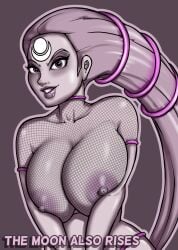 1girls 2022 alternate_costume blonde_hair breast_squeeze breasts choker cover_page diana_(league_of_legends) fishnet_shirt fishnets glowstick grin large_breasts league_of_legends lip_piercing lips long_hair milk64 nipples pinup platinum_blonde_hair simple_background smile smirk