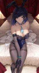 1girls akita_hika bed bedroom blue_eyes blue_hair bob_cut breasts bunny_ears bunny_girl bunnysuit choker cleavage earrings female female_only genshin_impact gloves hand_on_thigh hi_res inviting inviting_to_sex jacket jacket_removed jewelry leotard looking_at_viewer mole mole_on_breast pantyhose pillow playboy_bunny pov pov_eye_contact short_hair smile yelan_(genshin_impact)