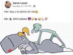 1boy 1girls big_penis blonde_hair cephalopod cetacean curvy emoji english_text female furry green_skin grey_skin grin hetero hetero_sex heterosexual high_ponytail interspecies larger_female long_nose lying male male/female meme nude octopodiform octopus on_stomach pearl_krabs penis prone_bone red_lipstick shitpost size_difference skinny_male smaller_male smooth_skin socks sperm_whale spongebob_squarepants squidward_tentacles twitter twitter_username whale white_legwear