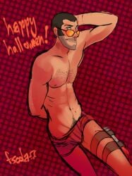 australian aviator_sunglasses bite_mark blood blue_eyes bodyhair brown_hair chest_hair ferretsoda halloween male_focus male_only pinup posing scars sniper sniper_(team_fortress_2) sunglasses tan_skin