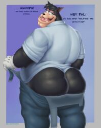 ass ass_cleavage big_ass big_butt black_fur butt_crack clothed dat_ass disney fat_ass feline fur furry grey_background hunnipanda looking_at_viewer looking_back male_only non-human open_mouth overalls peter_pete_sr. pulling_down_pants purple_background smile smiling speech_bubble superchub text text_bubble