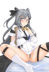 blue_eyes blush censored clothing gray_hair hololive hololive_indonesia hololive_indonesia_holoh3ro sitting vestia_zeta virtual_youtuber