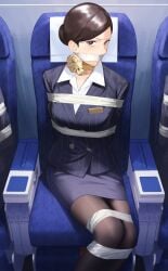 1girls amino_(tn7135) bondage female female_focus female_only flight_attendant gag gagged restrained stewardess tape_bondage tape_gag