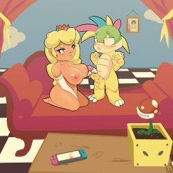 1boy 1girls anthro blonde_hair blue_eyes homesicka human_on_anthro interspecies koopaling lemmy_koopa mario_(series) nintendo nintendo_switch nude_female princess_peach self_upload size_difference super_mario_bros.