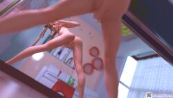 1girls 3d anus areolae ass blonde_hair blue_eyes breasts covering_crotch dead_or_alive dead_or_alive_5 female female_only hair_ribbon heart_tattoo legs long_hair marie_rose mirror nude peace_sign petite reflection small_breasts solo spread_legs standing tar_(artist) twintails v