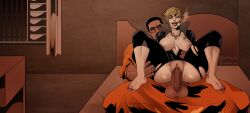 ashino_art bed blonde blonde_hair bodysuit breast_tattoo breasts cigarette dark-skinned_male dark_skin feet glasses huge_balls huge_cock interracial milf myra_brandish older_female original_character ripped_bodysuit short_hair smoking tattoo tattoo_on_breast tattoo_on_chest vaginal venture_brothers