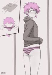 1boy androgynous ass ass_cleavage butt_crack crossdressing dross femboy feminine_male gay girly greyscale hoodie male male_only mirror original panties pink_hair shimapan skater_boi_(dross) small_ass solo solo_male striped_panties taylor_(dross) trap twink yaoi