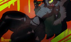 absurd_res anthro bodily_fluids collar diegojhol eyewear glasses hi_res latex licking licking_lips male male_only mammal mephitid musk saliva skunk skyler_(diegojhol) solo sweat thick_thighs tongue tongue_out