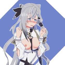 blue_eyes blush clothing gray_hair heart-shaped_pupils hololive hololive_indonesia hololive_indonesia_holoh3ro nipples vestia_zeta virtual_youtuber