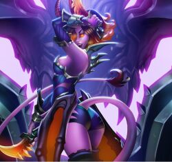 1girls alternate_costume arched_back breasts demon demon_girl demon_horns demon_tail demoness demonette_maeve glowing_eyes hi-rez_studios horns looking_at_viewer maeve_(paladins) medium_breasts official_art paladins pink_skin purple_skin red_eyes red_hair seductive skimpy skimpy_clothes spikes tail