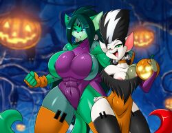 2022 2girls anthro areola_slip areolae big_breasts breasts bride_of_frankenstein cleavage cosplay feline female female_only frankenstein frankenstein's_monster furry glowing_eyes halloween hawke_(mastergodai) huge_breasts knuckle_up! long_hair looking_at_viewer lynx mastergodai muscular_female paige_creed pumpkin rascals rushana size_difference thick_thighs upstairstudios wide_hips