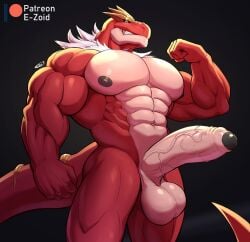 abs anthro balls big_balls big_pecs big_penis black_background black_sclera boner e-zoid erection flexing fossil_pokémon gay genitals hi_res humanoid_genitalia humanoid_penis looking_at_viewer male male_only muscular muscular_male navel nintendo nude pecs penis pokémon_(species) pokemon pokemon_only red_body simple_background solo tyrantrum vein veiny_penis video_games