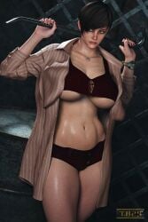 1girls 3d big_breasts big_butt brown_hair capcom crowbar female female_only moira_burton navel necklace pussy resident_evil resident_evil_revelations_2 short_hair solo tb25 thick_thighs underboob