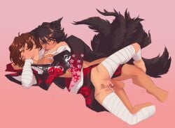 2boys aenaout bandage bandages biting black_hair blood bottom_dazai brown_hair bungo_stray_dogs cum_in_pussy cum_inside cuntboy dazai_osamu from_behind intersex kitsune male male_only pubic_hair ranpo_edogawa simple_background souheki spooning spooning_position vagina vaginal vaginal_penetration vaginal_sex