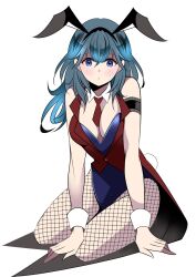 1girls alternate_costume animal_ears bangs bare_shoulders blue_leotard blush breasts bunny_ears bunny_girl bunnysuit byleth_(fire_emblem) byleth_(fire_emblem)_(female) cleavage detached_collar emotionless expressionless fake_animal_ears fe135700 female female_only fire_emblem fire_emblem:_three_houses fishnet_legwear fishnets green_eyes green_hair highres jacket leotard long_hair looking_at_viewer necktie nintendo playboy_bunny rabbit_ears rabbit_tail red_jacket red_necktie shadow short_necktie simple_background sitting sleeveless sleeveless_jacket solo strapless strapless_leotard tail teal_hair white_background wrist_cuffs