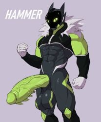 anthro balls big_balls big_penis black_body e-zoid genitals green_body green_eyes green_penis hammer_(e-zoid) humanoid male muscular muscular_anthro muscular_male penis solo visor