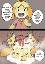 1boy 1girls animal_crossing anthro blush canine_penis cum cum_in_mouth cum_inside cum_overflow dialogue english_text face_fucking female female_focus hasselnut hi_res instant_loss instant_loss_2koma isabelle_(animal_crossing) looking_at_viewer male nintendo oral penis rape speech_bubble talking_to_viewer two_panel_image veiny_penis wolfgang_bang