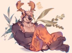 1boy 2_tone_fur artist_signature brown_fur color coloured furry hair half_naked hemuchang leaves listening_to_music male_only moose muscular_male sfw suspenders white white_background white_fur