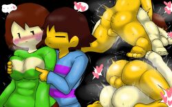 1boy 1girls 2d ass brown_hair chara enigi09 female frisk groping groping_from_behind human male mating_press nipple_poke questionable_consent rosy_cheeks sex straight tagme teasing undertale undertale_(series)