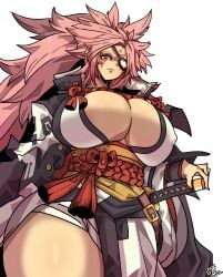 1girls angry baiken big_breasts cleavage eye_patch female female_only guilty_gear huge_breasts kimono kingrangman large_breasts long_hair looking_at_viewer mature_female pink_hair red_eyes solo sword tomboy_milf