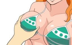 animated areolae big_breasts bikini bra breast_grab breasts brown_eyes cleavage female grabbing grabbing_breasts light-skinned_female light_skin male nami nipples one_piece orange_hair sin-e striped_bikini tattoo tattooed_arm