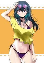 1girls alternate_costume bangs bikini black_bikini byleth_(fire_emblem) byleth_(fire_emblem)_(female) collarbone contrapposto crop_top emotionless expressionless eyewear_on_head fe135700 female female_only fire_emblem fire_emblem:_three_houses green_eyes green_hair heart heart-shaped_eyewear highres long_hair looking_at_viewer navel nintendo purple_bikini purple_swimsuit shirt side-tie_bikini solo sunglasses swimsuit teal_hair yellow_shirt