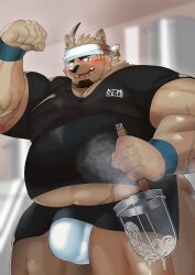 2022 absurd_res anthro belly big_belly blush bodily_fluids brown_body bulge canid canine clothing food hi_res humanoid_hands kemono male mammal musclegut overweight overweight_male shirt solo sweat topwear underwear yuuuki_desu