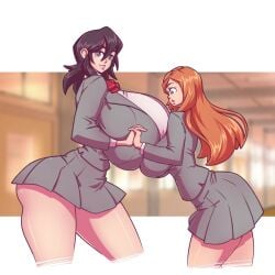 2022 2girls alternate_breast_size alternate_height amazon ass asymmetrical_docking big_breasts black_hair bleach breast_docking breast_size_difference breast_squish breasts color curvy curvy_female female female_only gigantic_breasts height_difference holding_hands huge_breasts inoue_orihime kuchiki_rukia looking_at_viewer n647 orange_hair school_uniform short_hair size_difference tall_female tall_girl taller_female taller_girl thick_thighs voluptuous wide_hips yuri