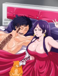 1boy 1girls after_sex big_breasts black_hair crossover curvaceous curvy curvy_female curvy_figure female huge_breasts in_bed justin_darkgeminis long_hair looking_at_viewer lying_on_bed majo_taisen purple_hair qin_shi_huang_(shuumatsu_no_valkyrie) red_eyes shuumatsu_no_valkyrie sleep tagme tattoo_on_back v wu_zetian_(majo_taisen)