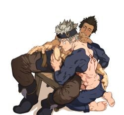 2boys asta_(black_clover) black_clover clothed clothed_sex dark_hair erection exposed_ass exposed_back fingering gay grey_hair handjob holding_penis hole_in_pants imminent_oral imminent_penetration imminent_sex loegaku male male_only manspreading muscular_male no_penetration penis_through_fly sitting_on_chair sweatband topless yami_sukehiro yaoi