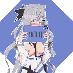 blue_eyes blush clothing gray_hair heart-shaped_pupils hololive hololive_indonesia hololive_indonesia_holoh3ro nipples tablet vestia_zeta virtual_youtuber