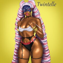 1girls arms_(game) dark-skinned_female dark_skin female female_only garter_belt garter_straps lingerie luchador_mask nintendo nintendo_switch panties prehensile_hair solo straight_hair thick_thighs twintelle vivacious_drixen wide_hips