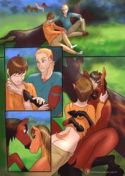 absurd_res comic date duo equid equine feral gender_transformation hi_res horse human kissing male male/male mammal romantic species_transformation splashtf transformation