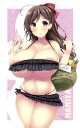 ahoge akikaze_tsumuji areola_slip bangs bare_shoulders basket bikini black_bikini blush breasts brown_hair carrot character_name cleavage collarbone colored_shadow cowboy_shot drop_shadow eyebrows_visible_through_hair female food groin hair_between_eyes hair_ornament hair_ribbon hairclip holding holding_basket huge_breasts index_finger_raised kantai_collection layered_bikini long_hair looking_at_viewer mamiya_(kantai_collection) midriff navel parted_lips purple_background purple_eyes red_ribbon ribbon shadow single_sidelock solo standing swimsuit tsumugie underboob vegetable w_arms