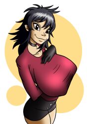 asian big_breasts black_skirt breasts female gorillaz hado_abyss hand_on_breast handwear human japanese magenta_shirt neckwear nipple_bulge noodle_(gorillaz) noodle_(jaguar) pale_skin pinup simple_background white_skin