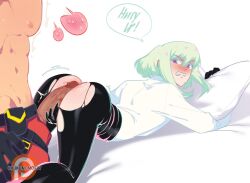 blush femboy galo_thymos green_hair imminent_anal kukumomo lio_fotia promare purple_eyes tagme tagme_(artist) yaoi