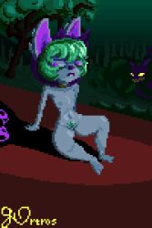 blue_skin gortros goth goth_girl green_hair league_of_legends pixel_art pubic_hair purple_eyes short_hair shortstack vex_(league_of_legends) yordle